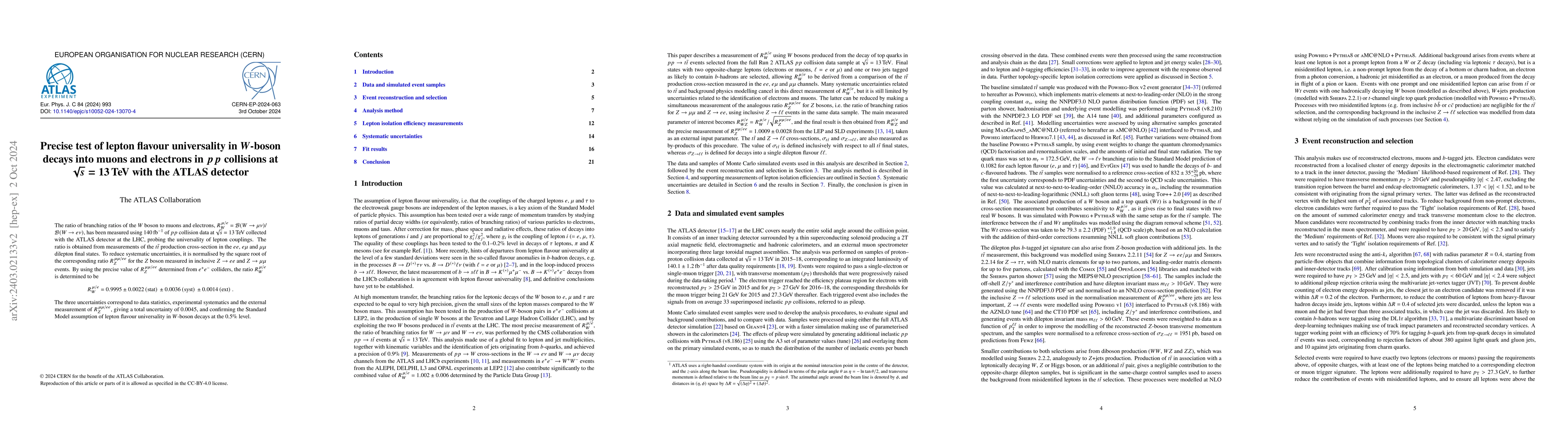 Thumbnail for Precise test of lepton flavour universality in $W$-boson decays into
  muons and electrons in $pp$ collisions at $\sqrt{s}=13$ TeV with the ATLAS
  detector