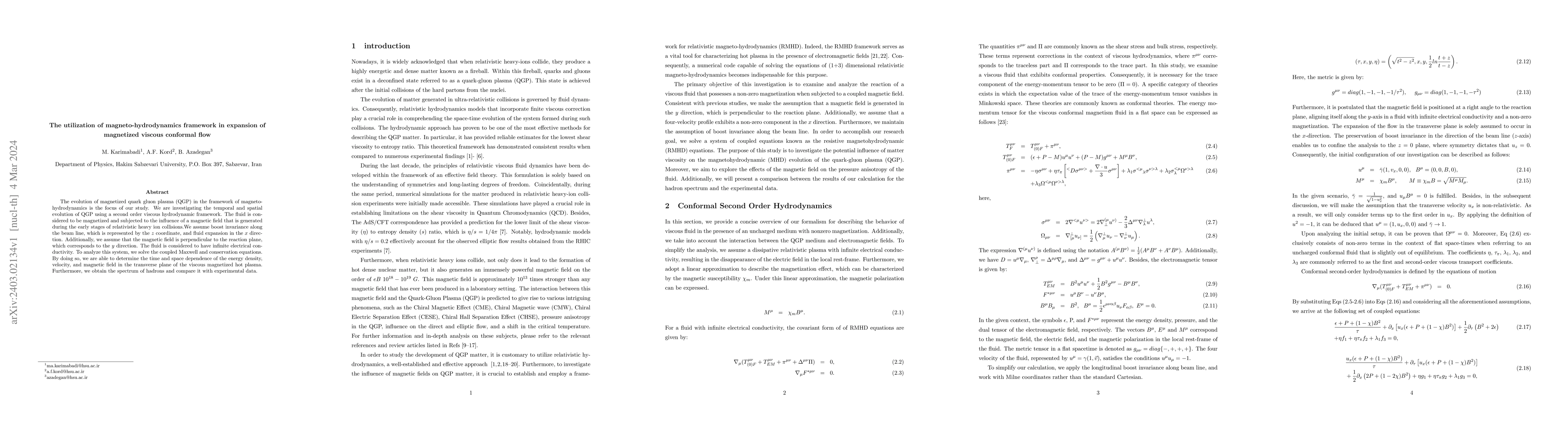 Thumbnail for The utilization of magneto-hydrodynamics framework in expansion of
  magnetized viscous conformal flow