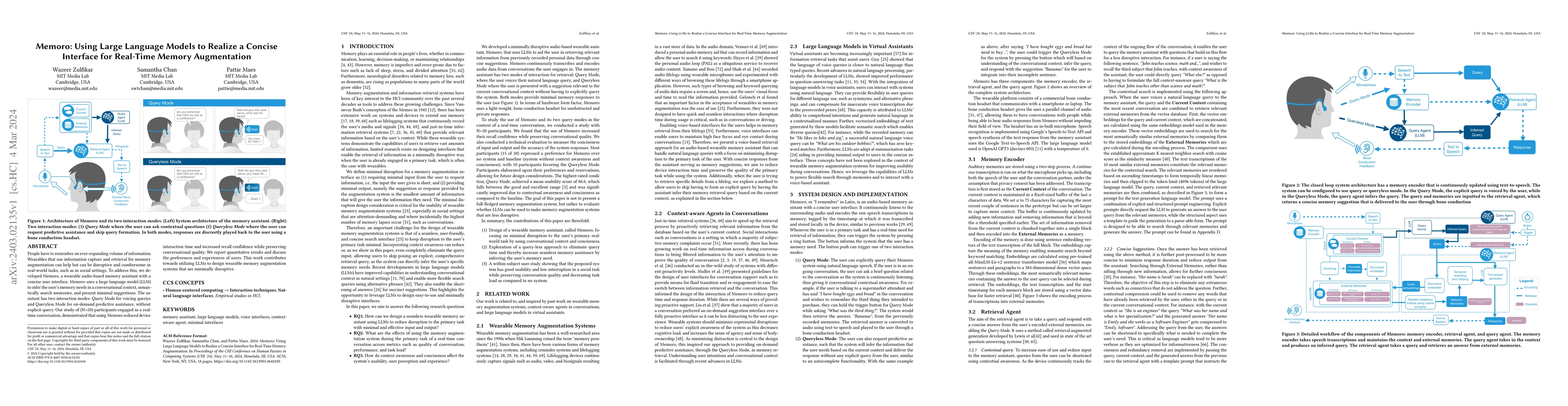 Thumbnail for Memoro: Using Large Language Models to Realize a Concise Interface for
  Real-Time Memory Augmentation