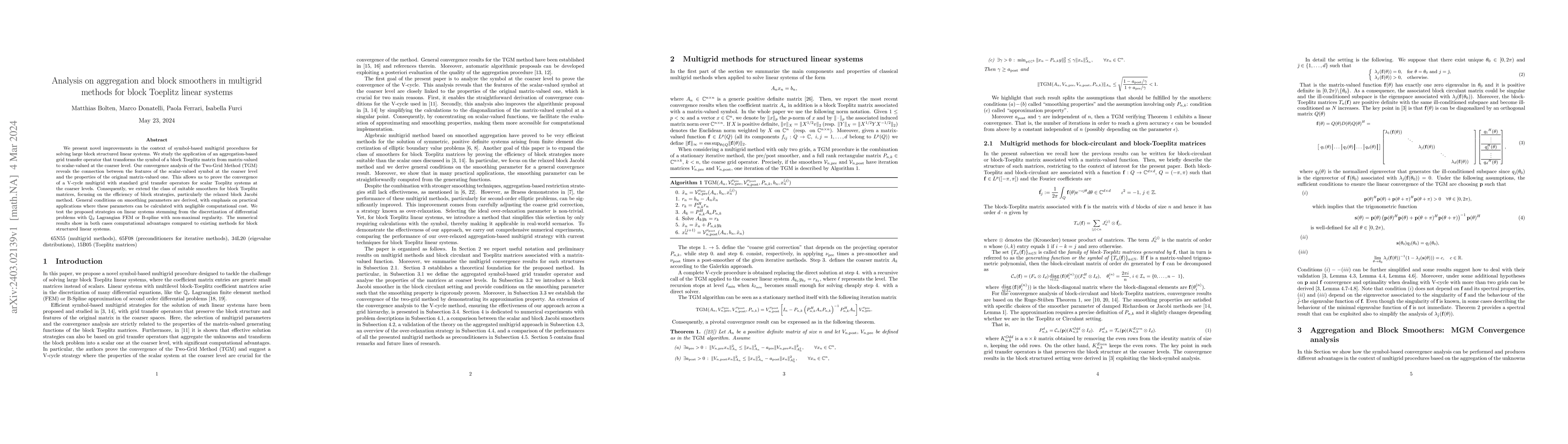 Thumbnail for Analysis on aggregation and block smoothers in multigrid methods for
  block Toeplitz linear systems