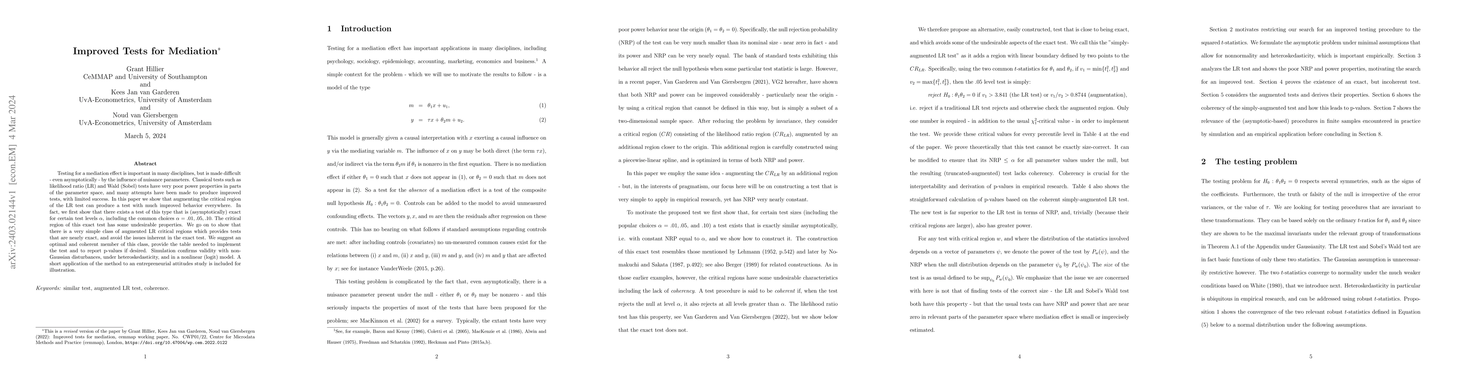Thumbnail for Improved Tests for Mediation