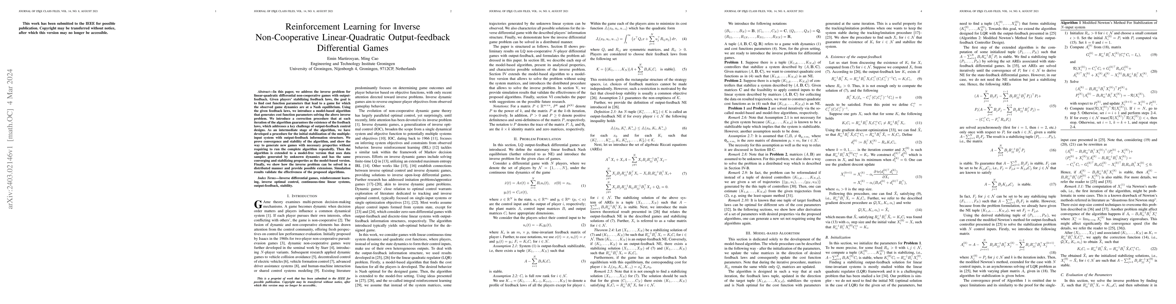 Thumbnail for Reinforcement Learning for Inverse Non-Cooperative Linear-Quadratic
  Output-feedback Differential Games