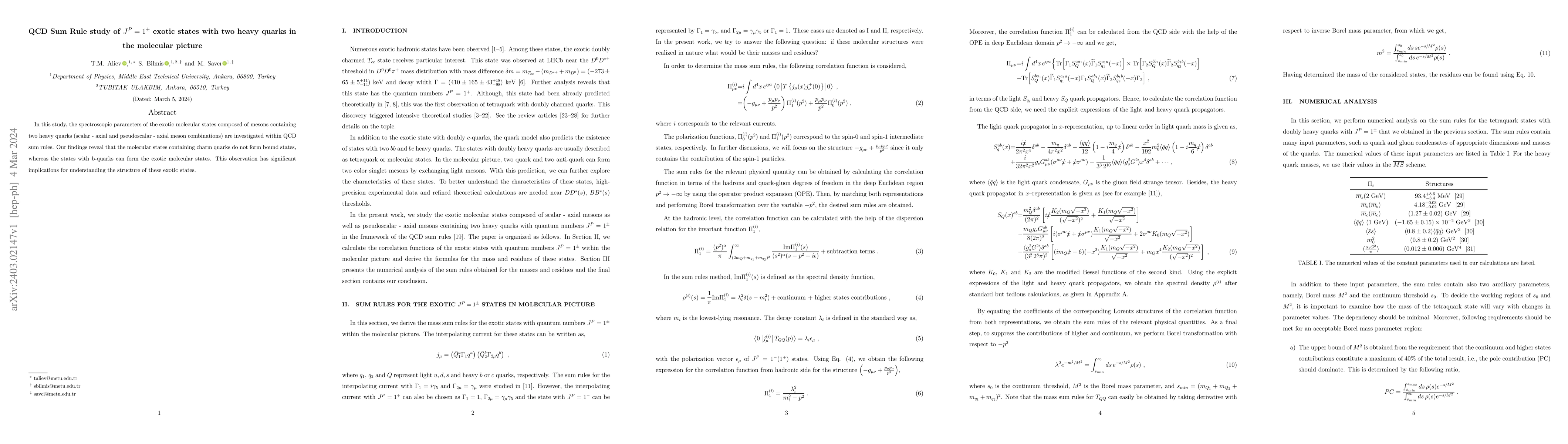 Thumbnail for QCD Sum Rule study of $J^P = 1^\pm$ exotic states with two heavy quarks
  in the molecular picture