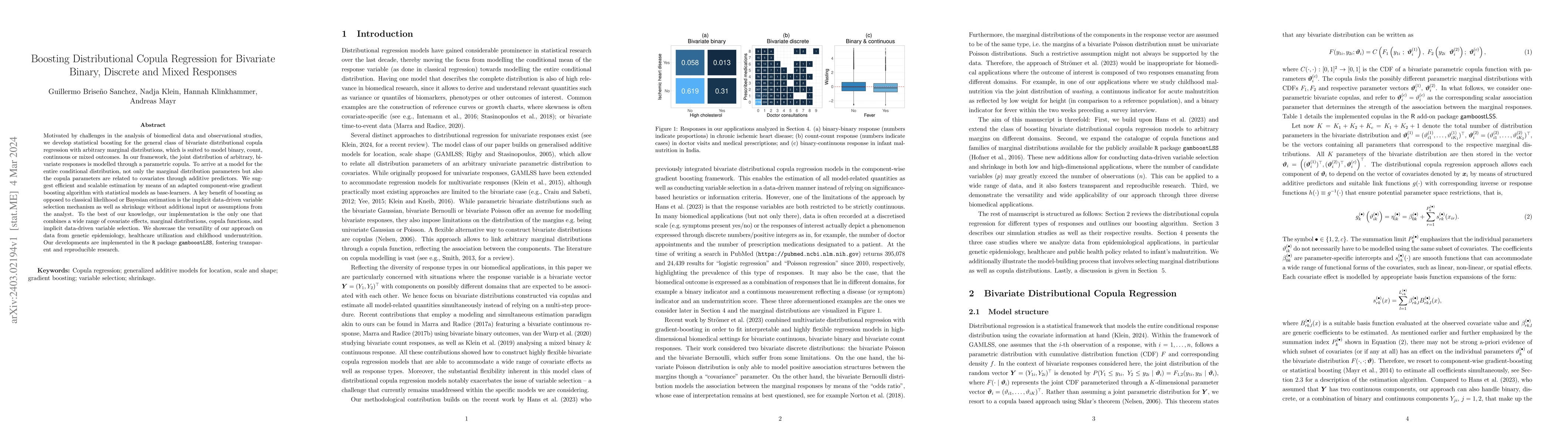 Thumbnail for Boosting Distributional Copula Regression for Bivariate Binary, Discrete
  and Mixed Responses
