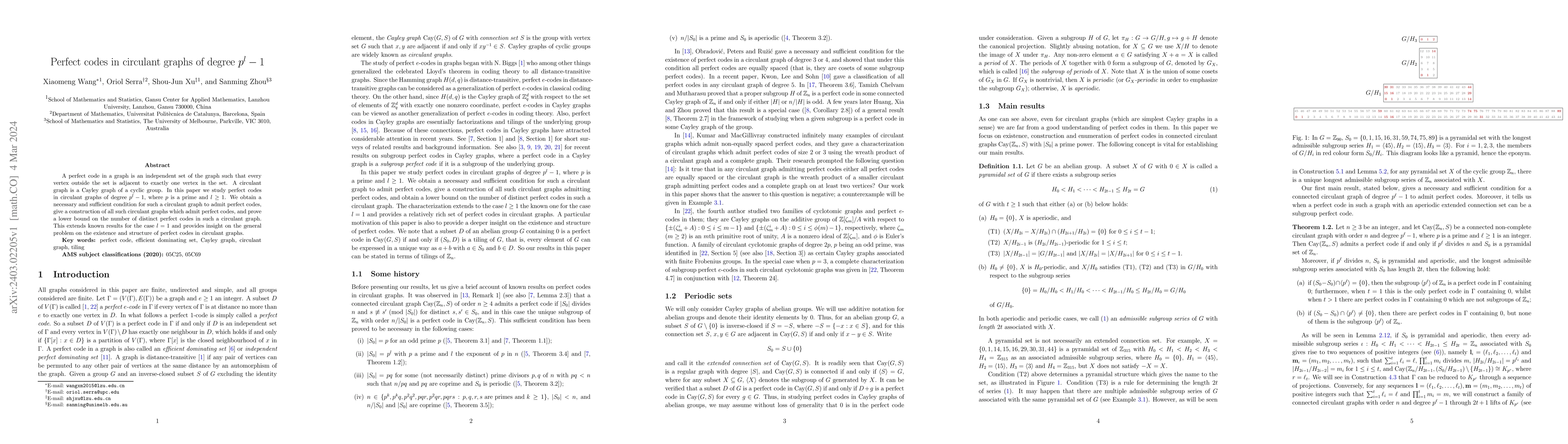Thumbnail for Perfect codes in circulant graphs of degree $p^l-1$