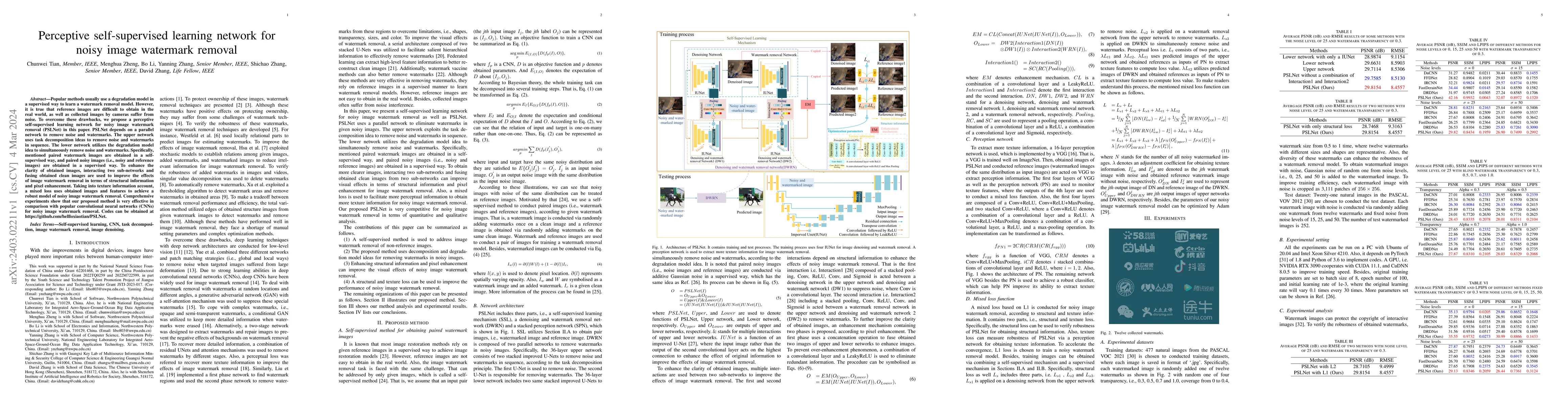 Thumbnail for Perceptive self-supervised learning network for noisy image watermark
  removal