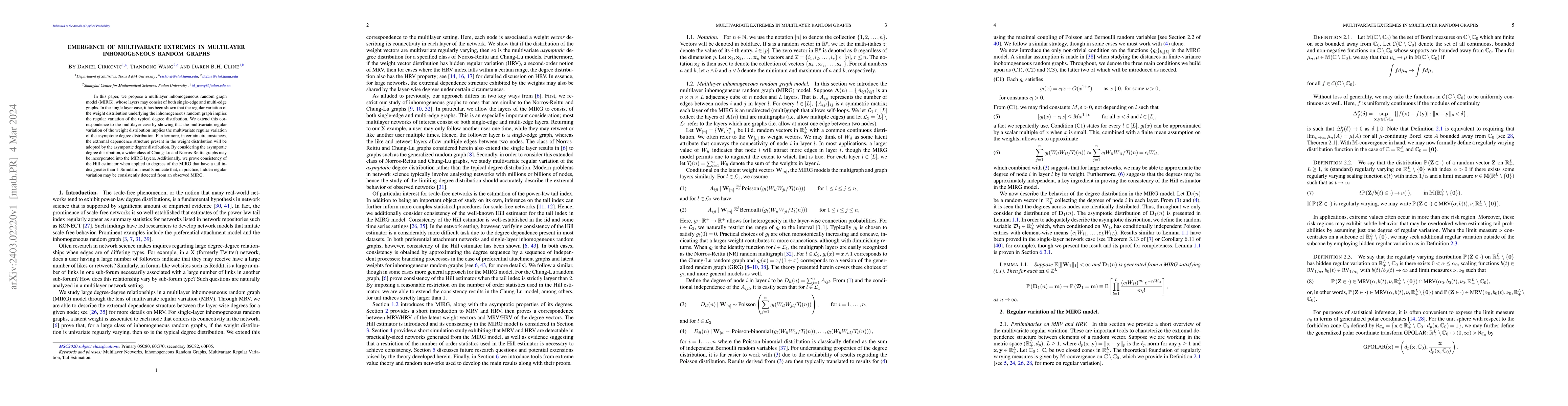 Thumbnail for Emergence of Multivariate Extremes in Multilayer Inhomogeneous Random
  Graphs