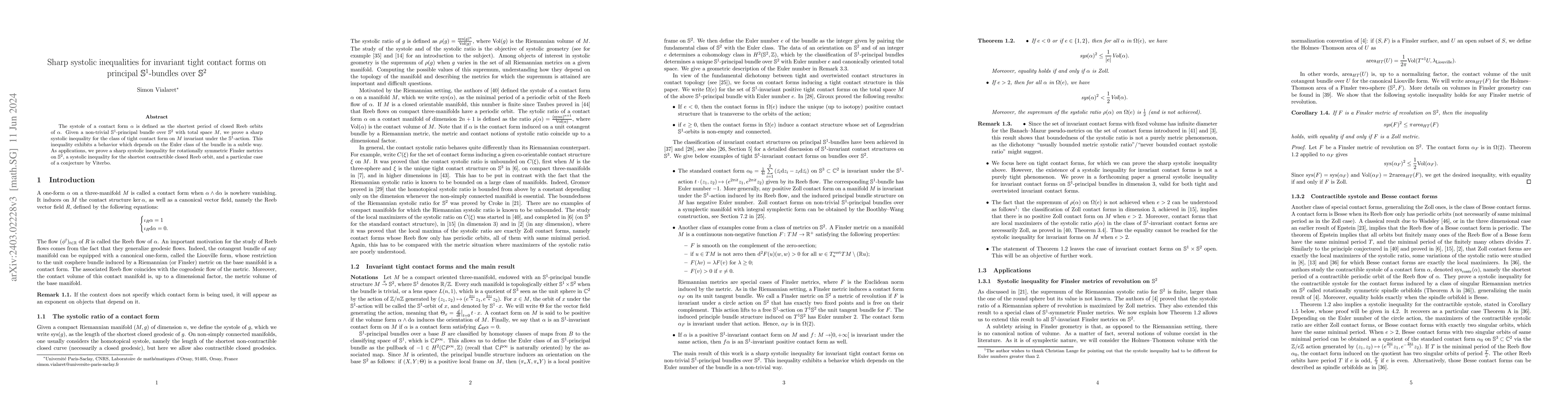 Thumbnail for Sharp systolic inequalities for invariant tight contact forms on
  principal S1-bundles over S2