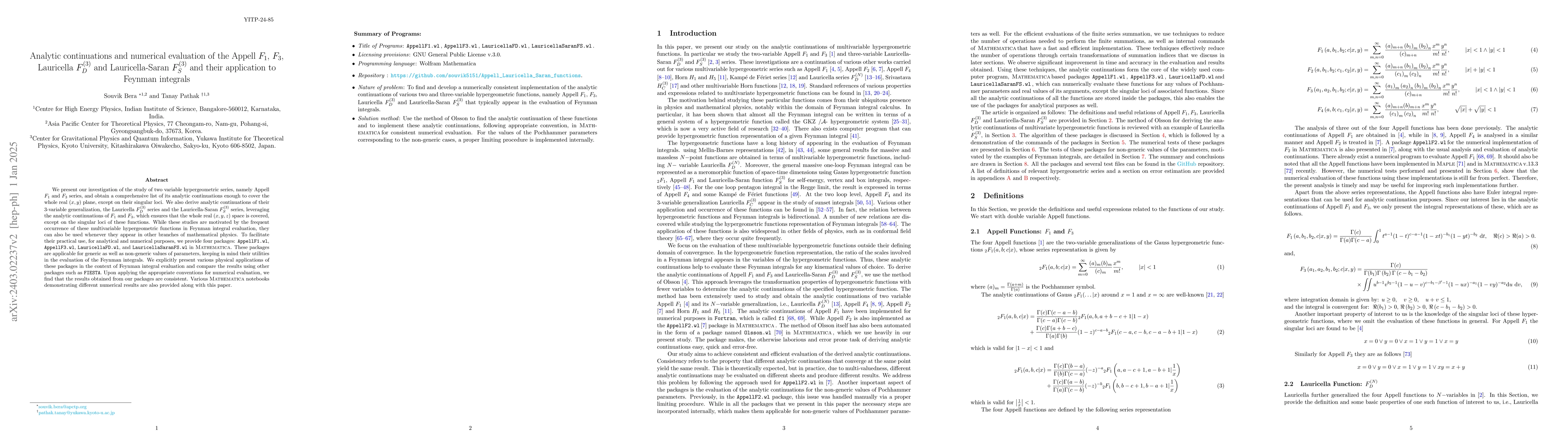 Thumbnail for Analytic continuations and numerical evaluation of the Appell $F_1$,
  $F_3$, Lauricella $F_D^{(3)}$ and Lauricella-Saran $F_S^{(3)}$ and their
  Application to Feynman Integrals