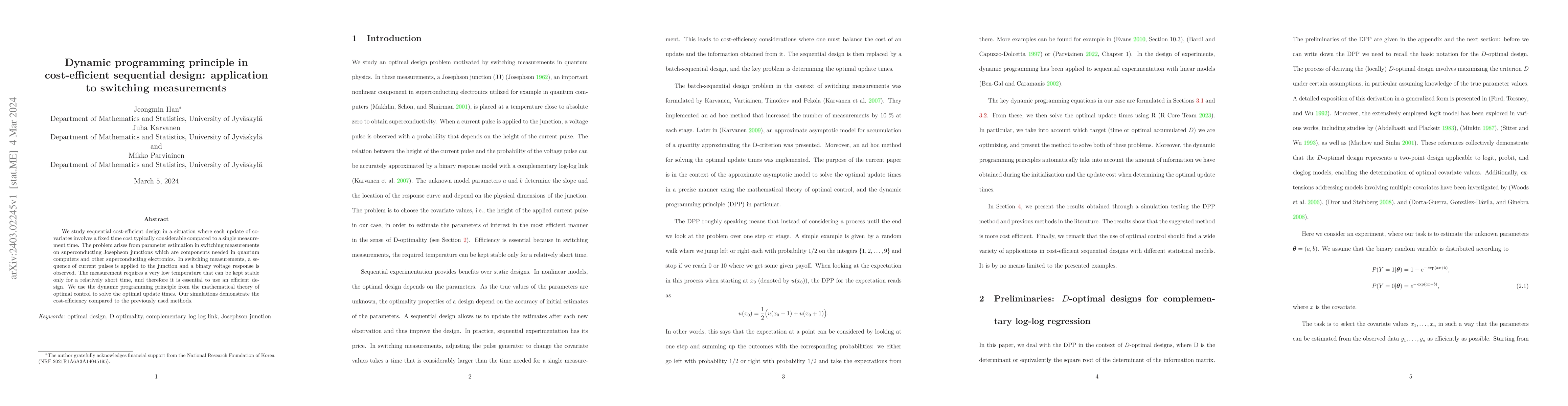 Thumbnail for Dynamic programming principle in cost-efficient sequential design:
  application to switching measurements