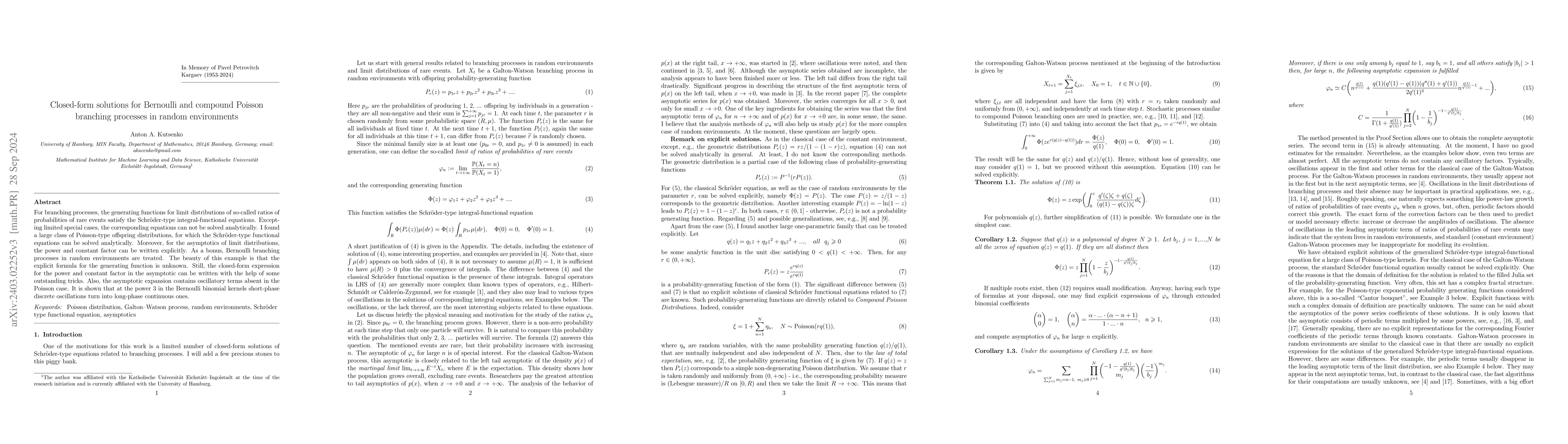 Thumbnail for Closed-form solutions for Bernoulli and compound Poisson branching
  processes in random environments