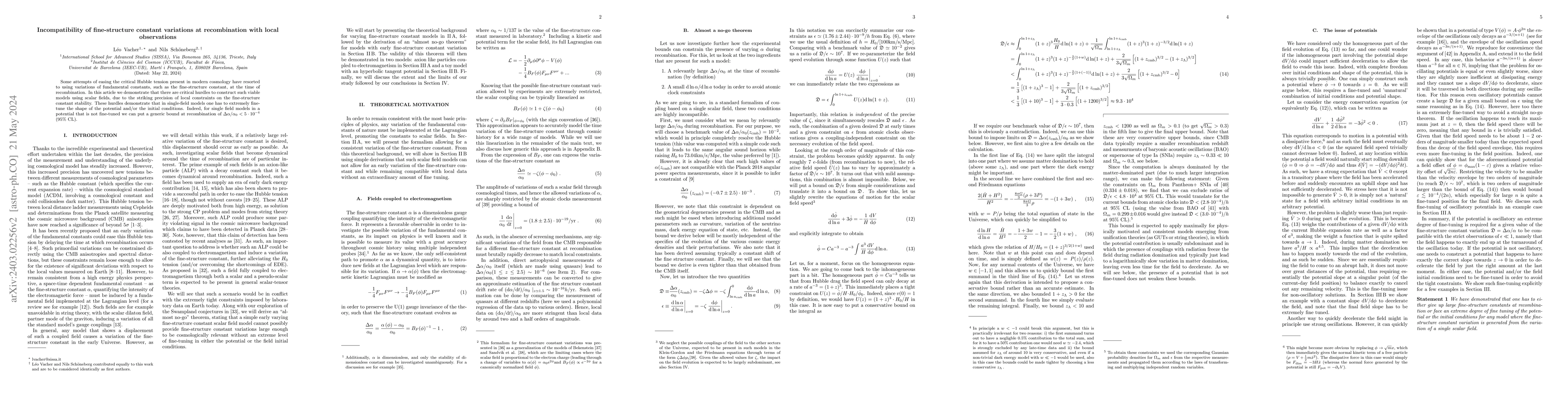 Thumbnail for Incompatibility of fine-structure constant variations at recombination
  with local observations