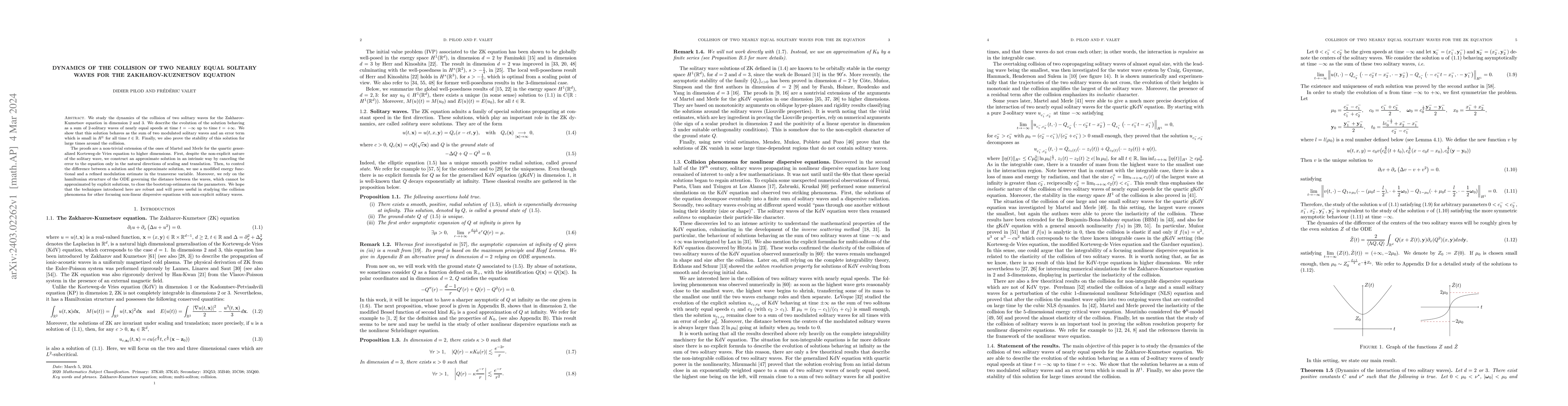 Thumbnail for Dynamics of the collision of two nearly equal solitary waves for the
  Zakharov-Kuznetsov equation