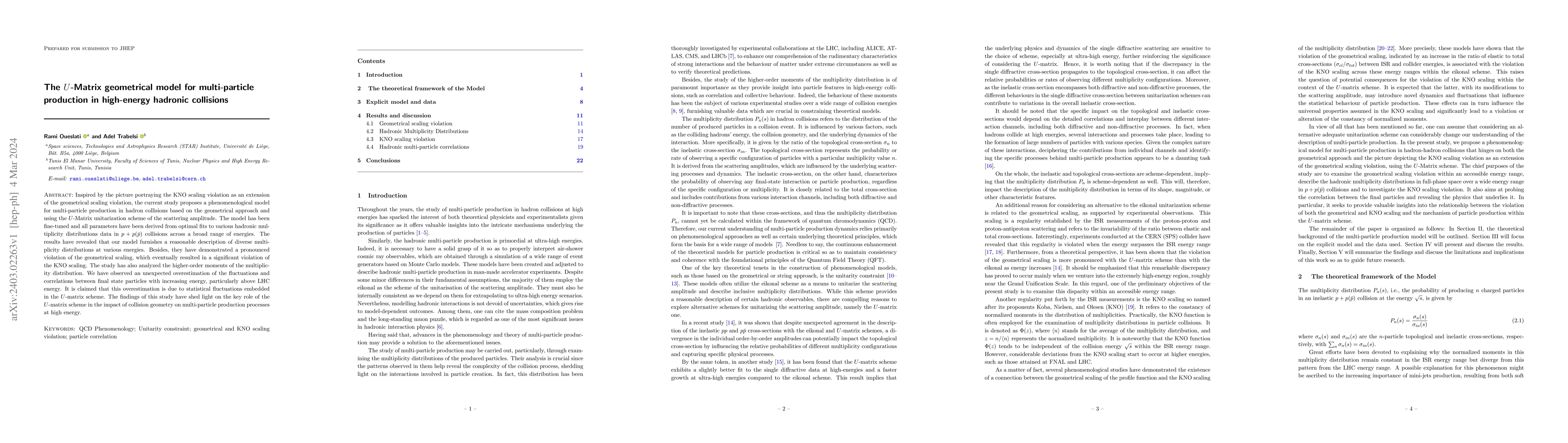 Thumbnail for The $U$-Matrix geometrical model for multi-particle production in
  high-energy hadronic collisions