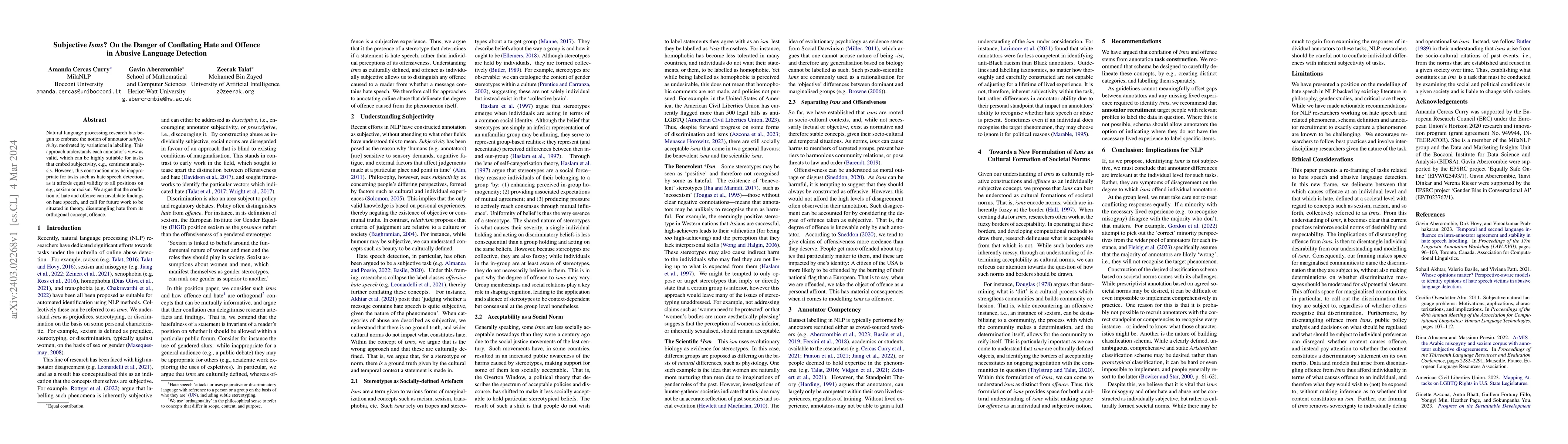 Thumbnail for Subjective $\textit{Isms}$? On the Danger of Conflating Hate and Offence
  in Abusive Language Detection