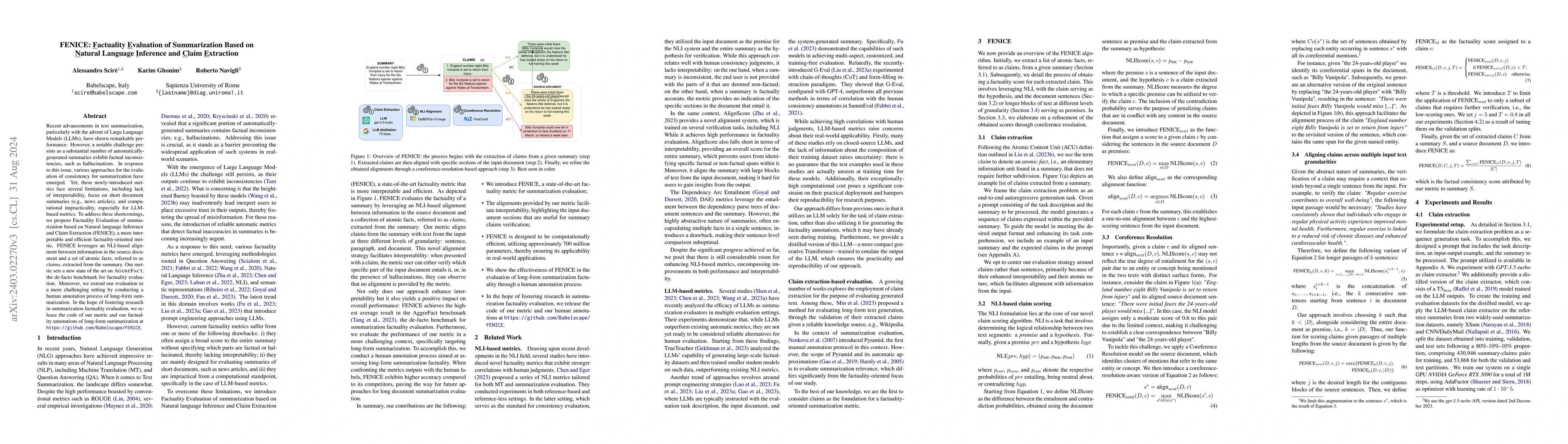 Thumbnail for FENICE: Factuality Evaluation of summarization based on Natural language
  Inference and Claim Extraction
