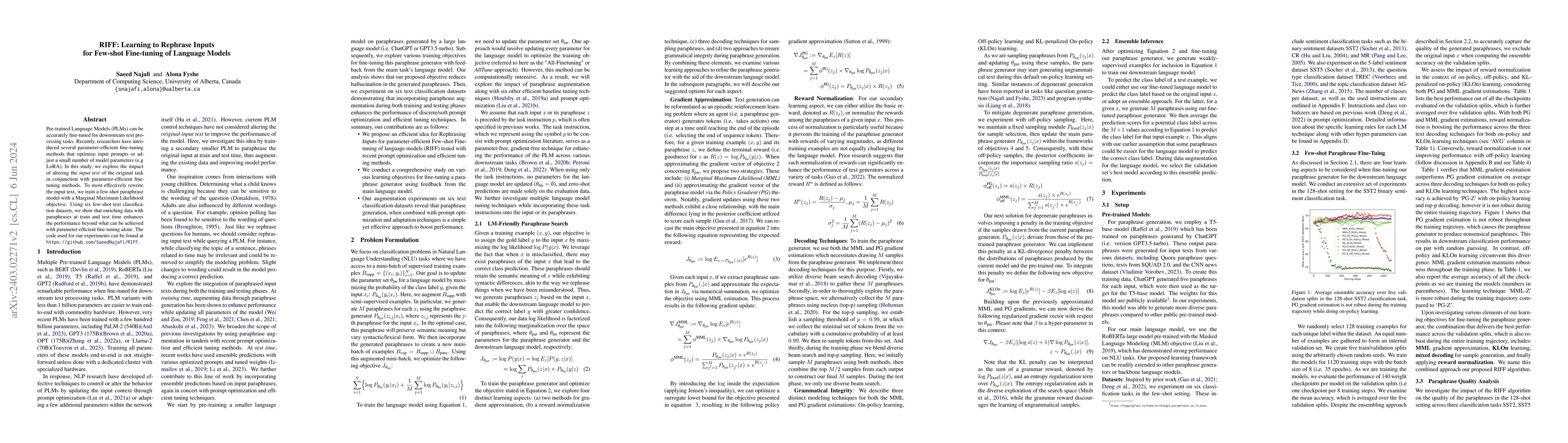 Thumbnail for RIFF: Learning to Rephrase Inputs for Few-shot Fine-tuning of Language
  Models