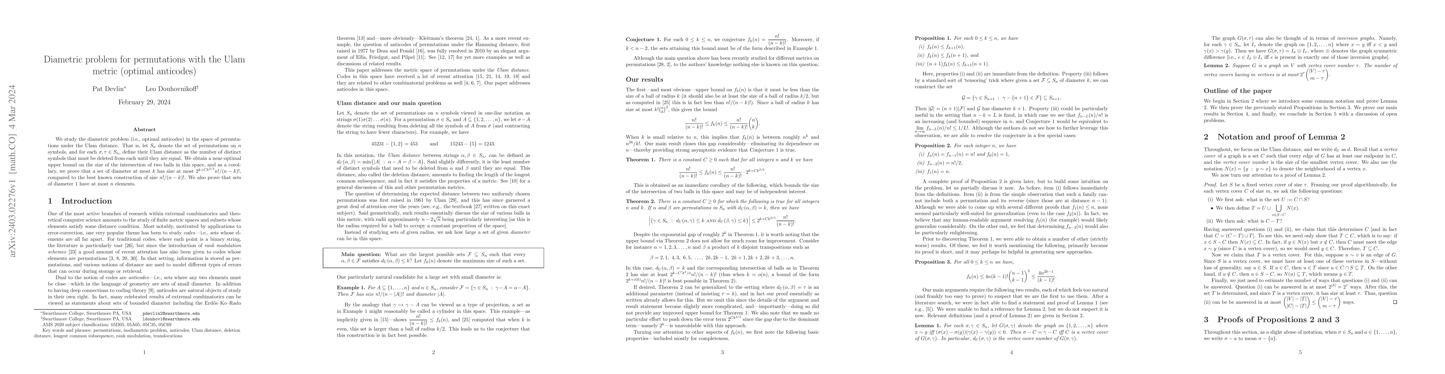 Thumbnail for Diametric problem for permutations with the Ulam metric (optimal
  anticodes)