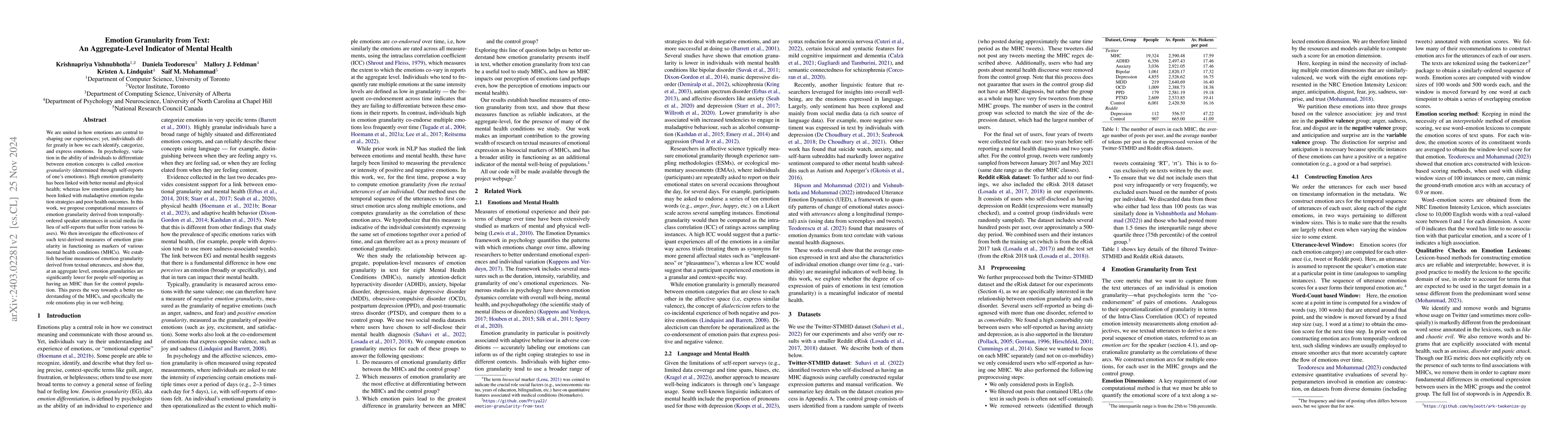 Thumbnail for Emotion Granularity from Text: An Aggregate-Level Indicator of Mental
  Health