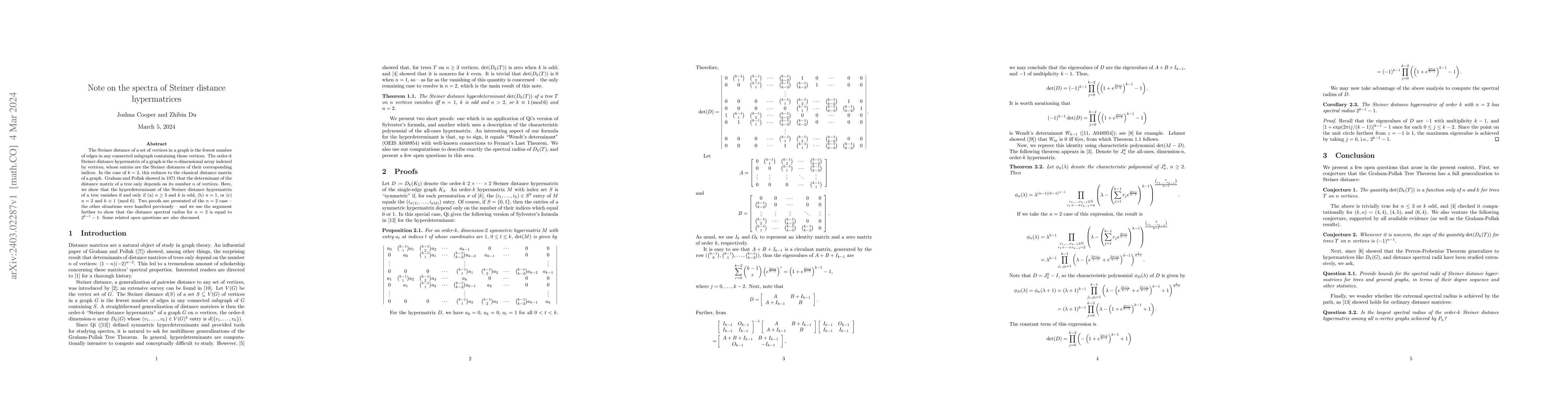 Thumbnail for Note on the spectra of Steiner distance hypermatrices
