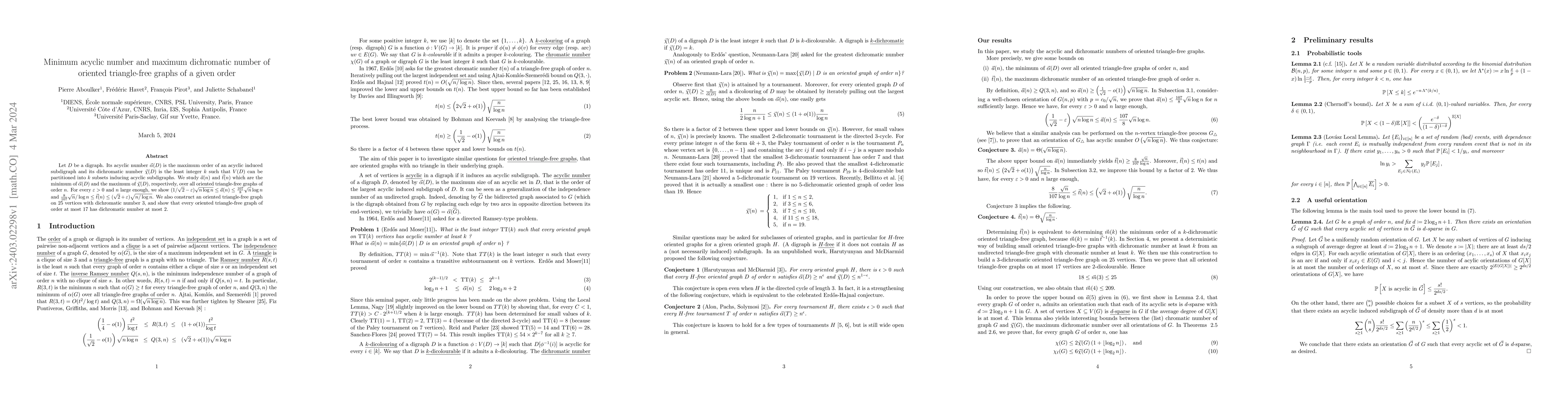 Thumbnail for Minimum acyclic number and maximum dichromatic number of oriented
  triangle-free graphs of a given order