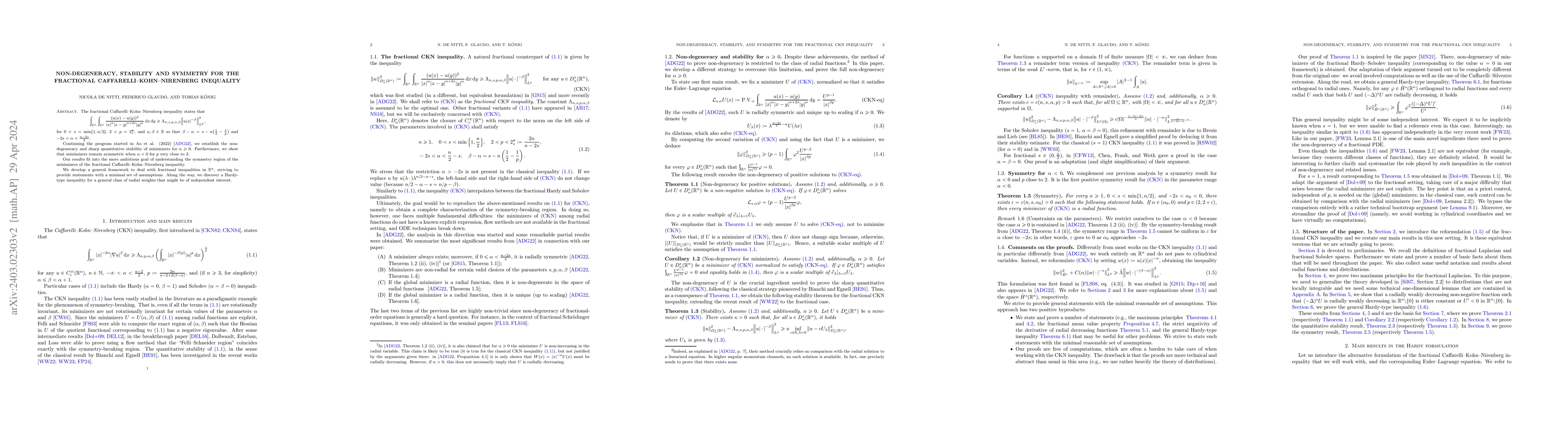 Thumbnail for Non-degeneracy, stability and symmetry for the fractional
  Caffarelli-Kohn-Nirenberg inequality