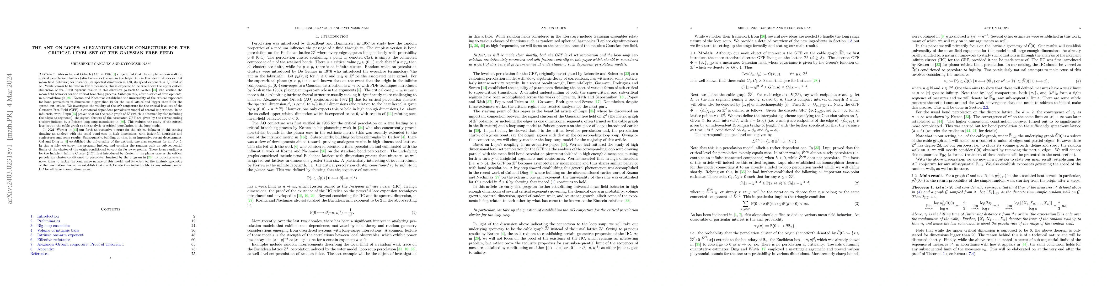 Thumbnail for The ant on loops: Alexander-Orbach conjecture for the critical level set
  of the Gaussian free field