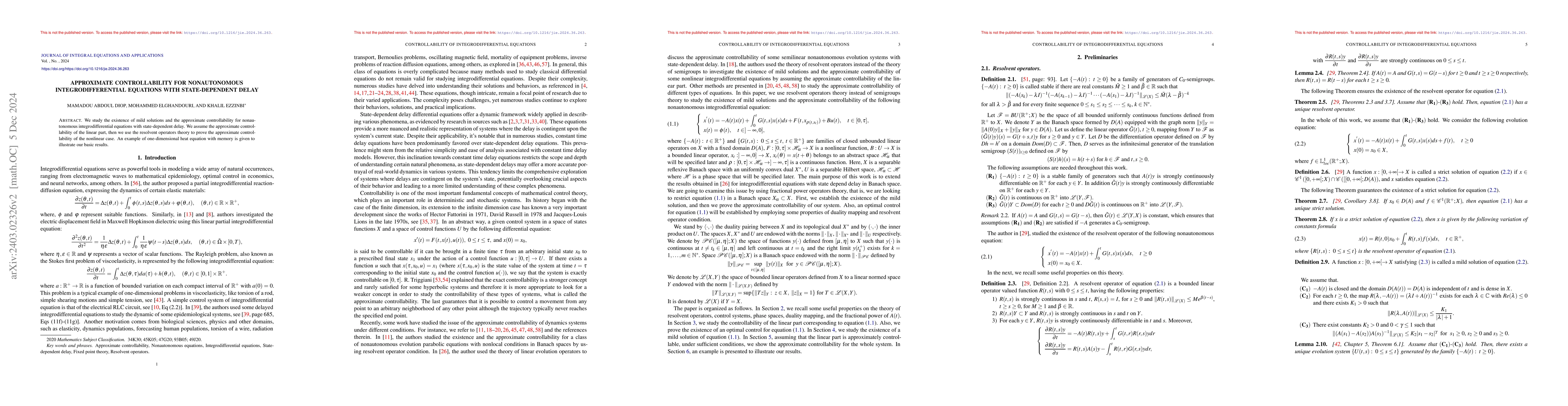 Thumbnail for Approximate Controllability for Nonautonomous Integrodifferential
  Equations with State-dependent Delay