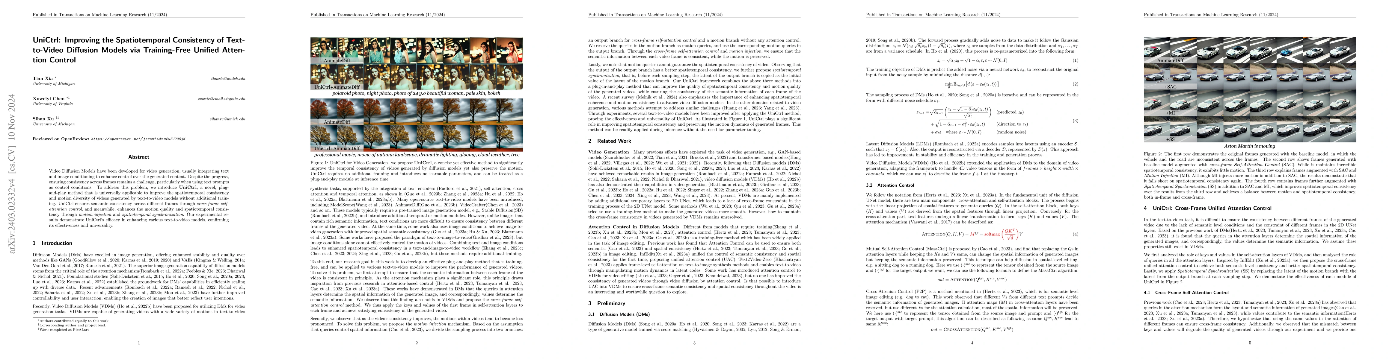 Thumbnail for UniCtrl: Improving the Spatiotemporal Consistency of Text-to-Video
  Diffusion Models via Training-Free Unified Attention Control
