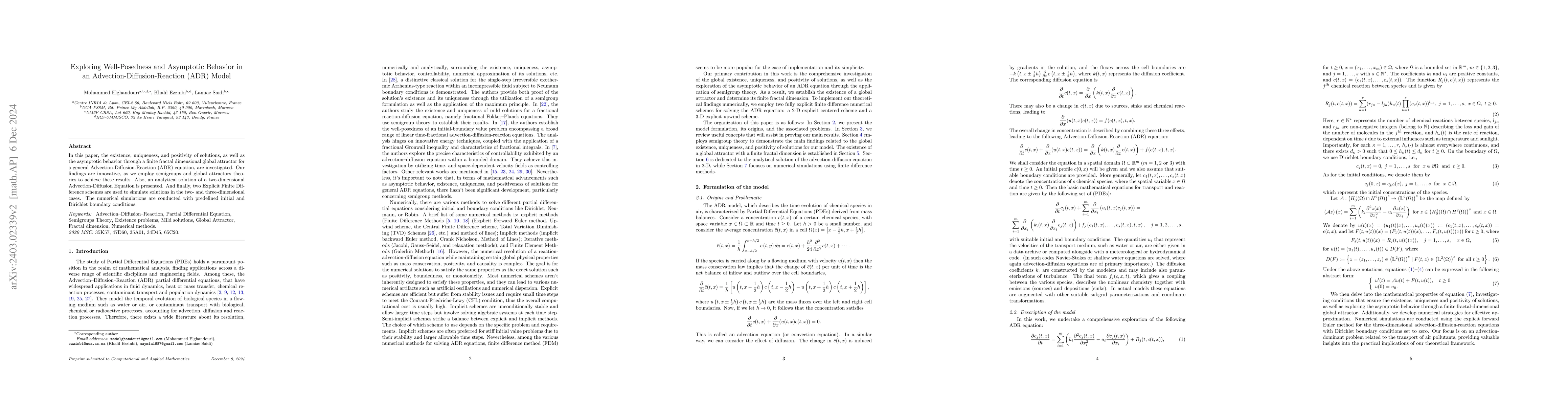 Thumbnail for Exploring Well-Posedness and Asymptotic Behavior in an
  Advection-Diffusion-Reaction (ADR) Model