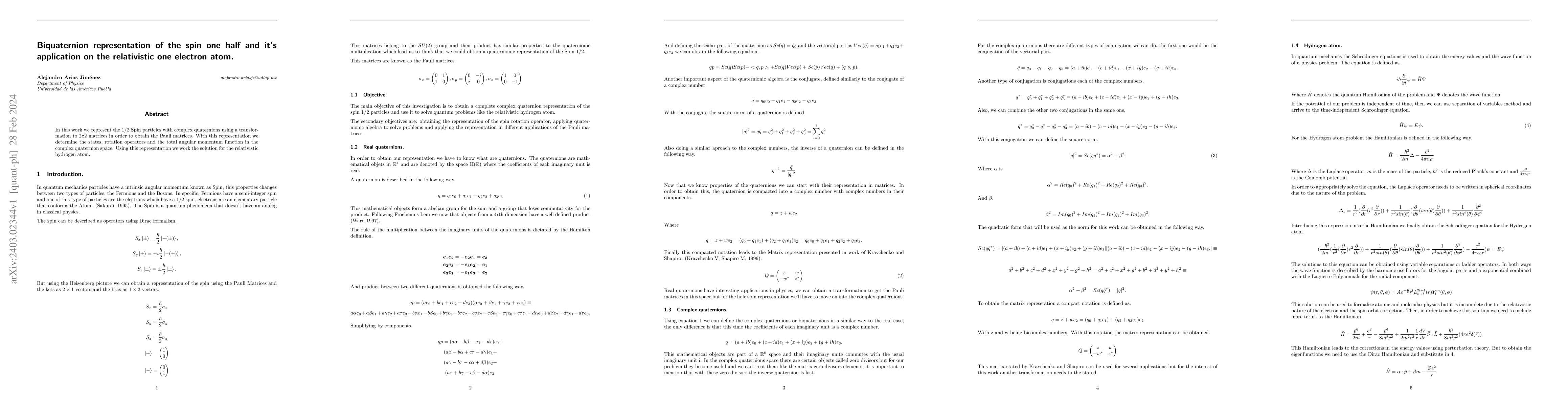 Thumbnail for Biquaternion representation of the spin one half and its application on
  the relativistic one electron atom