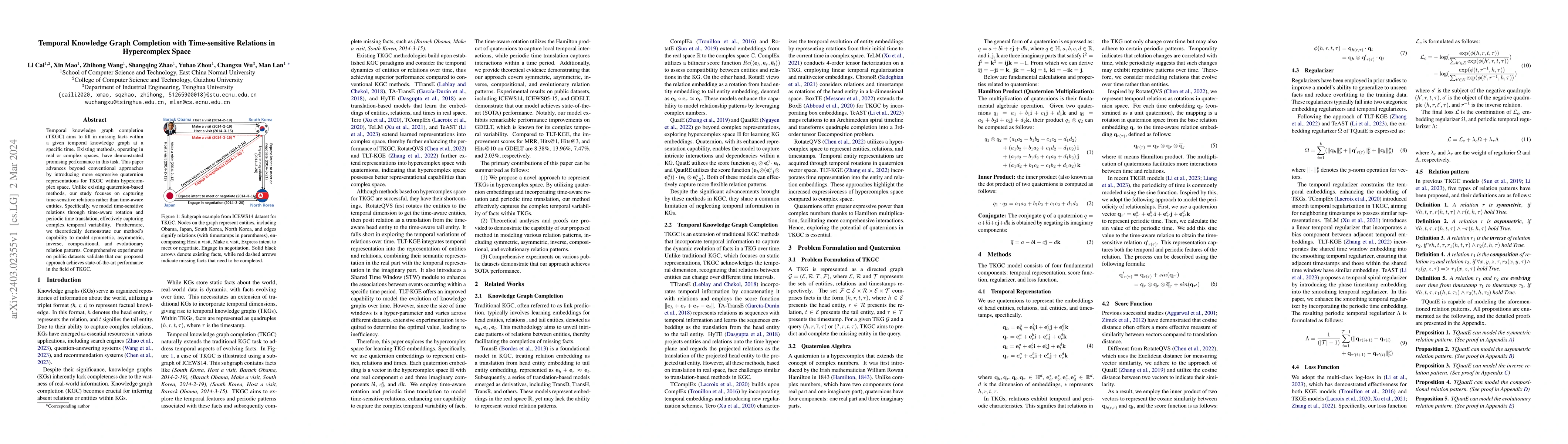 Thumbnail for Temporal Knowledge Graph Completion with Time-sensitive Relations in
  Hypercomplex Space