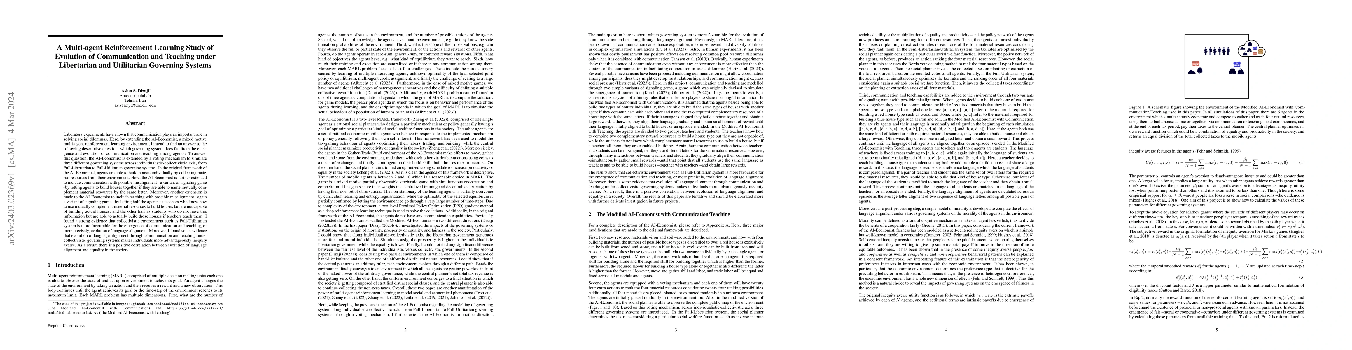 Thumbnail for A Multi-agent Reinforcement Learning Study of Evolution of Communication
  and Teaching under Libertarian and Utilitarian Governing Systems