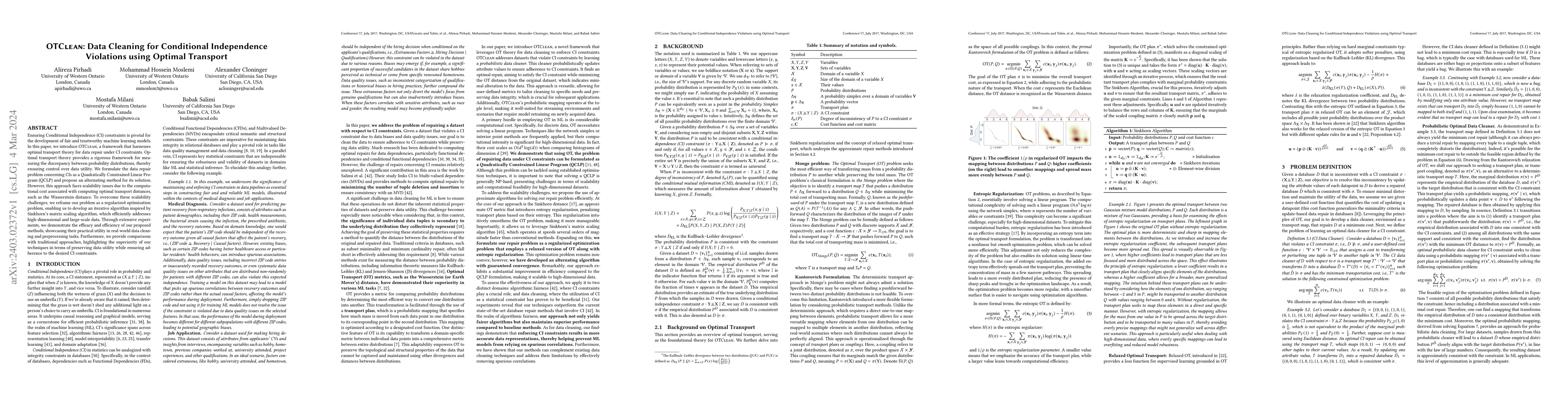 Thumbnail for OTClean: Data Cleaning for Conditional Independence Violations using
  Optimal Transport