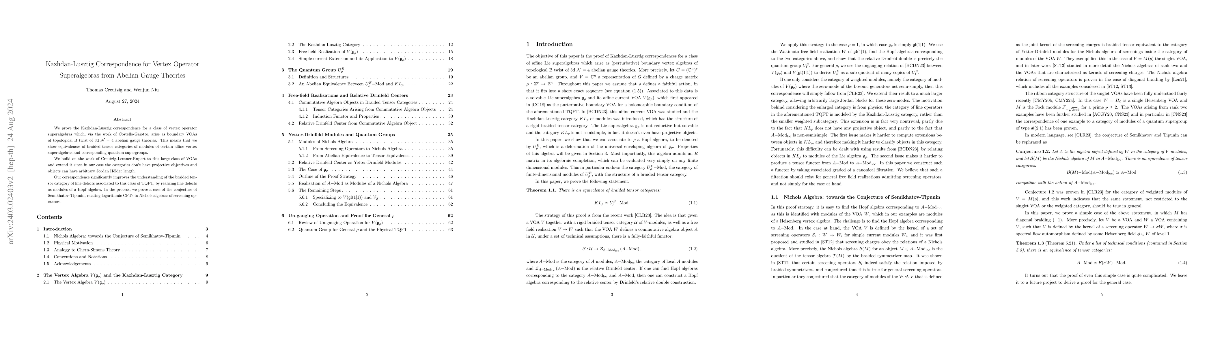 Thumbnail for Kazhdan-Lusztig Correspondence for Vertex Operator Superalgebras from
  Abelian Gauge Theories