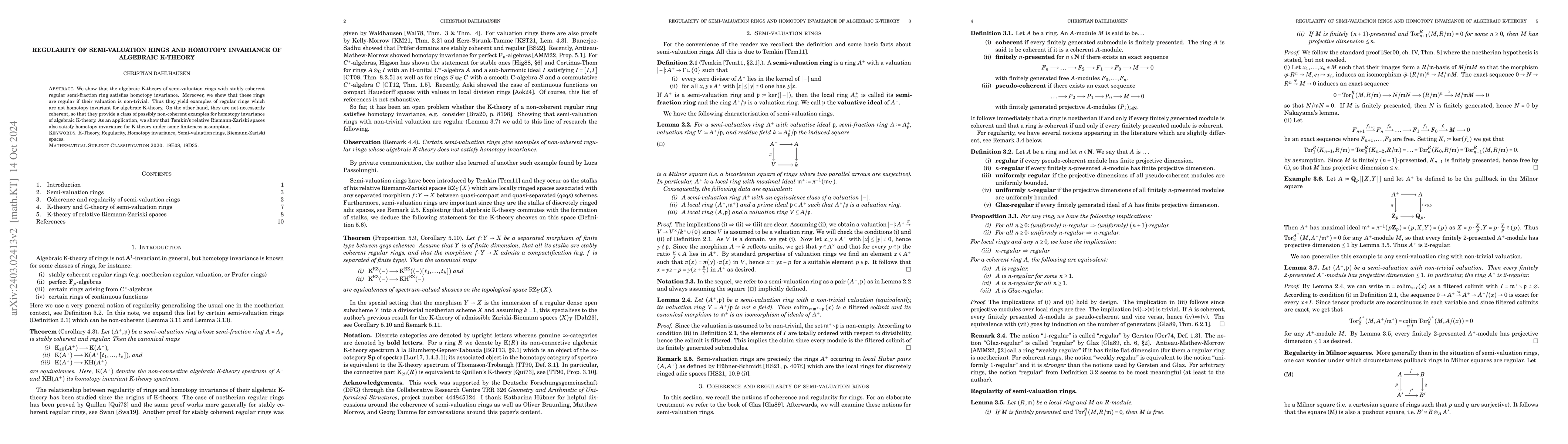 Thumbnail for Regularity of semi-valuation rings and homotopy invariance of algebraic
  K-theory
