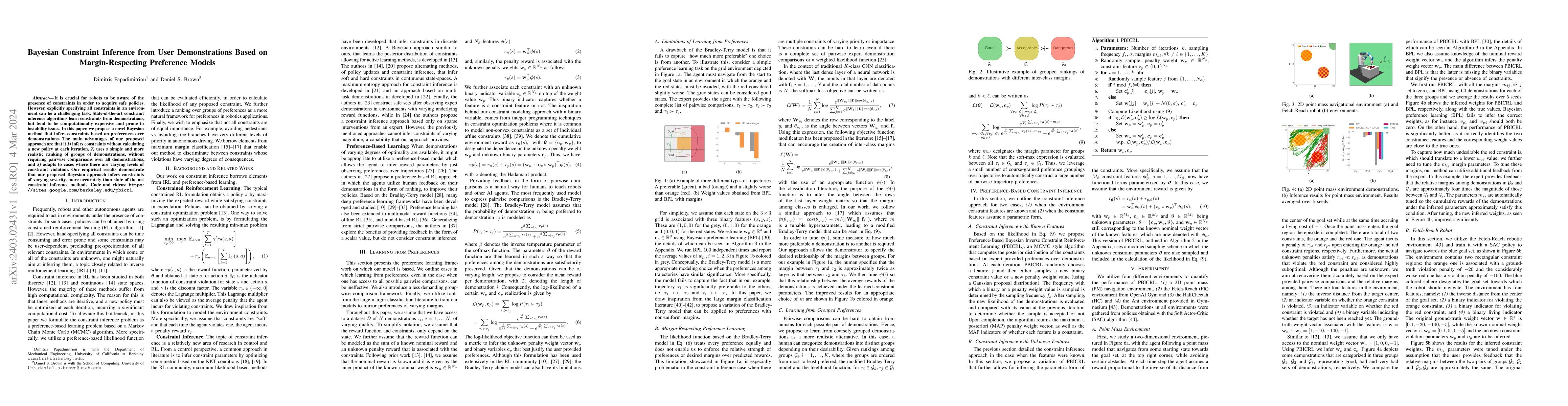Thumbnail for Bayesian Constraint Inference from User Demonstrations Based on
  Margin-Respecting Preference Models