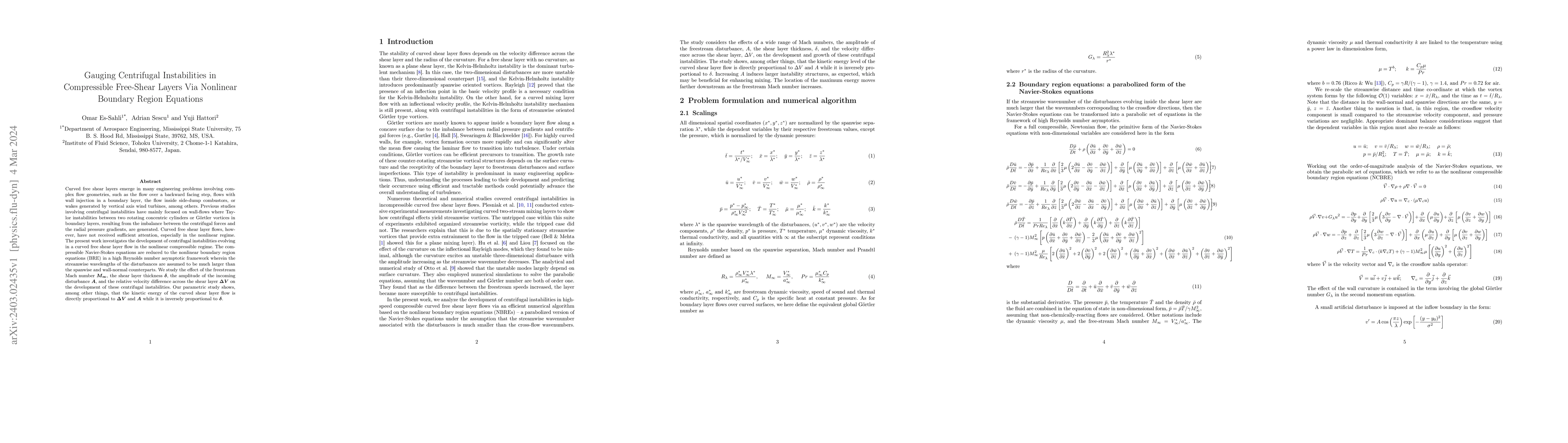 Thumbnail for Gauging Centrifugal Instabilities in Compressible Free-Shear Layers Via
  Nonlinear Boundary Region Equations