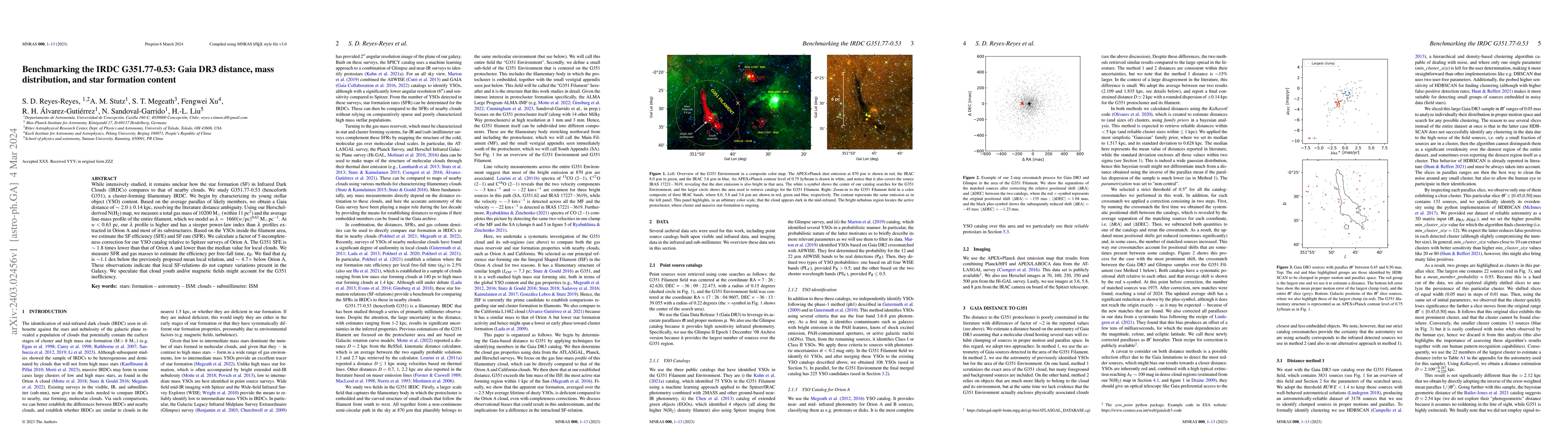 Thumbnail for Benchmarking the IRDC G351.77-0.53: Gaia DR3 distance, mass
  distribution, and star formation content
