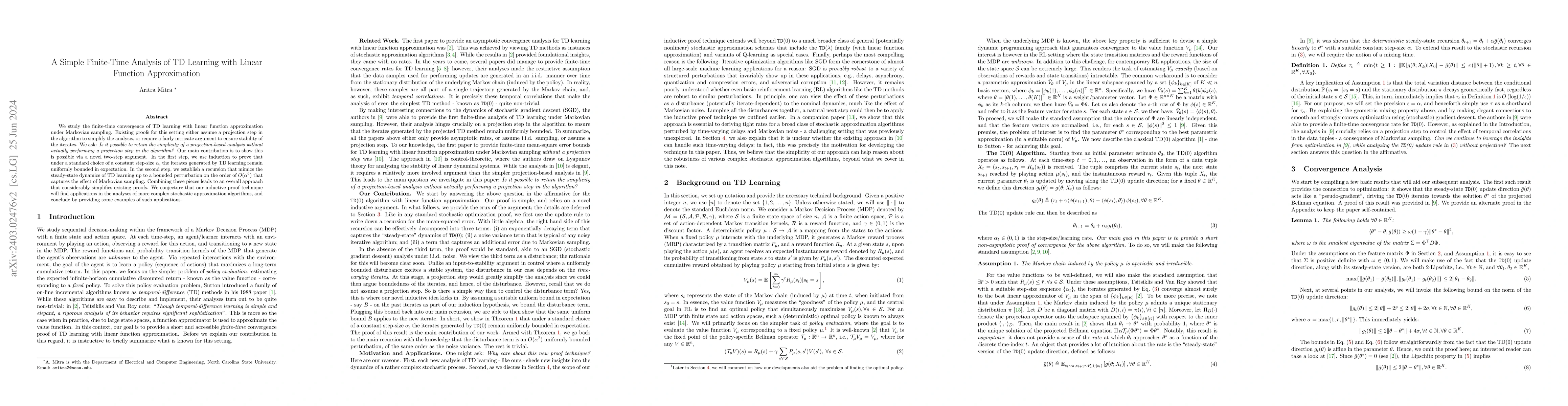 Thumbnail for A Simple Finite-Time Analysis of TD Learning with Linear Function
  Approximation