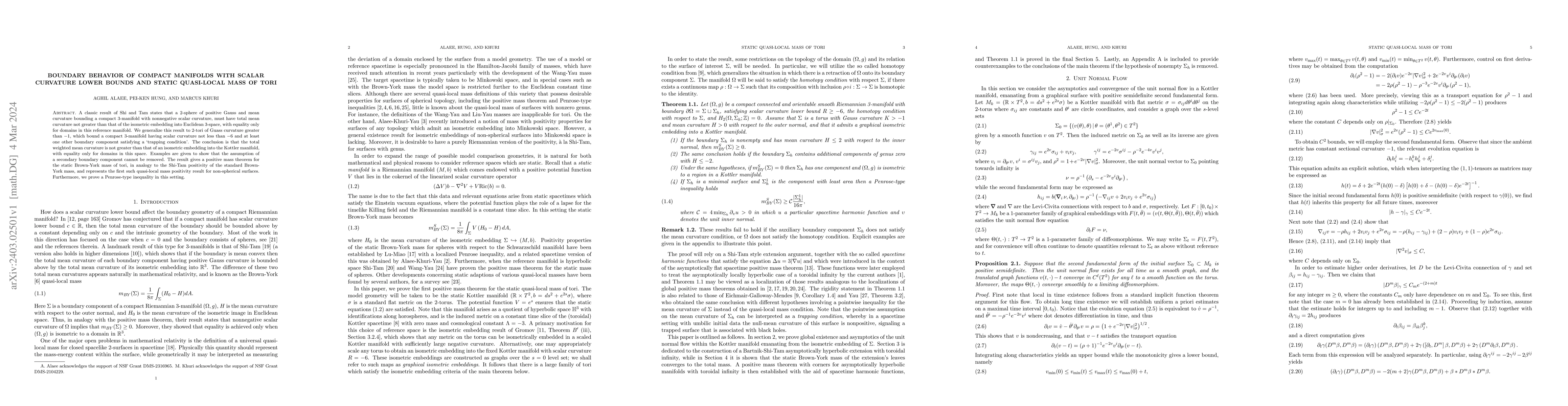 Thumbnail for Boundary Behavior of Compact Manifolds With Scalar Curvature Lower
  Bounds and Static Quasi-Local Mass of Tori
