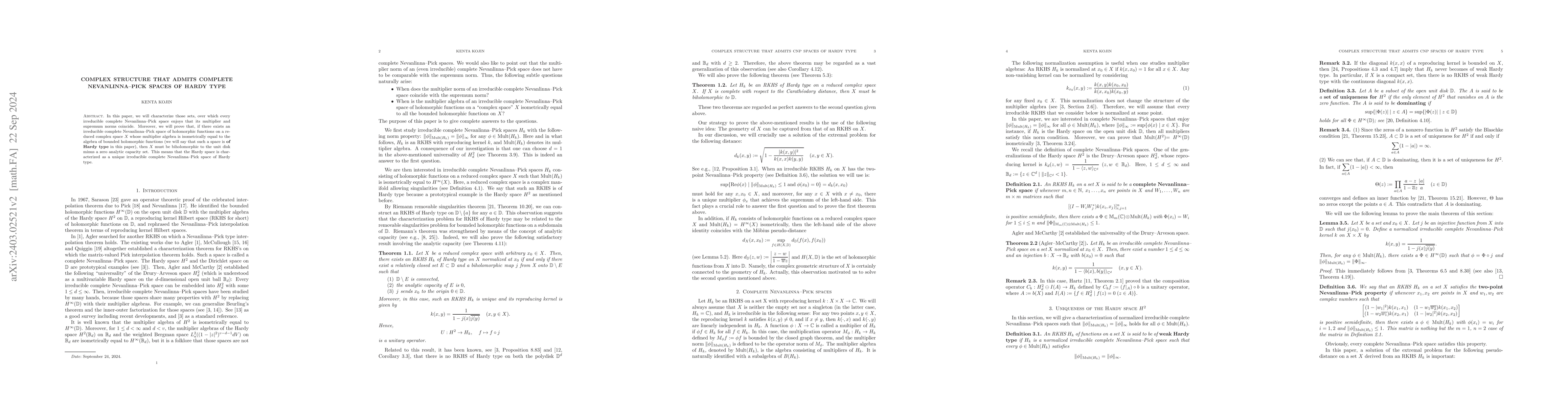 Thumbnail for Complex structure that admits complete Nevanlinna-Pick spaces of Hardy
  type