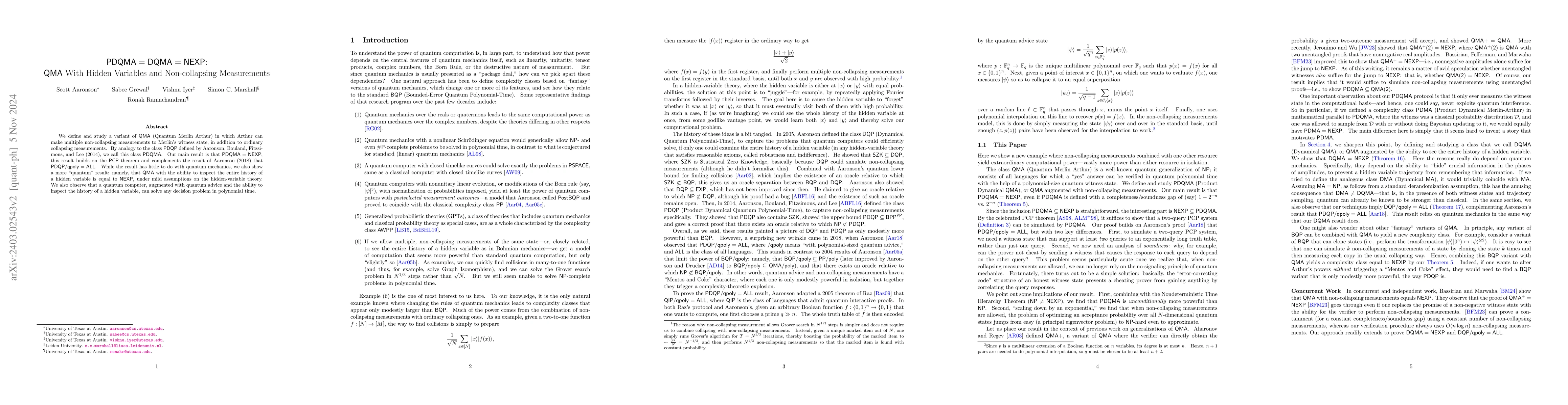 Thumbnail for PDQMA = DQMA = NEXP: QMA With Hidden Variables and Non-collapsing
  Measurements