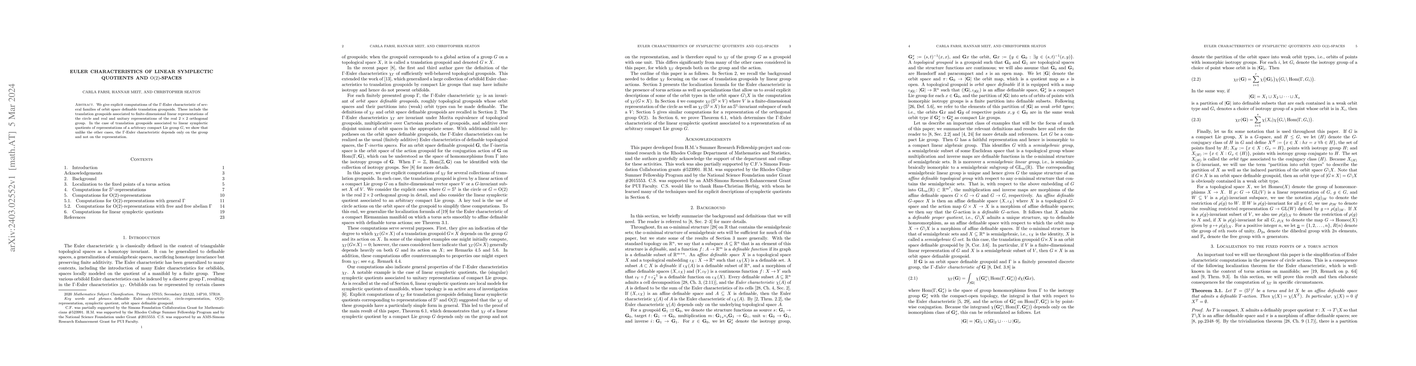 Thumbnail for Euler characteristics of linear symplectic quotients and
  $\operatorname{O}(2)$-spaces