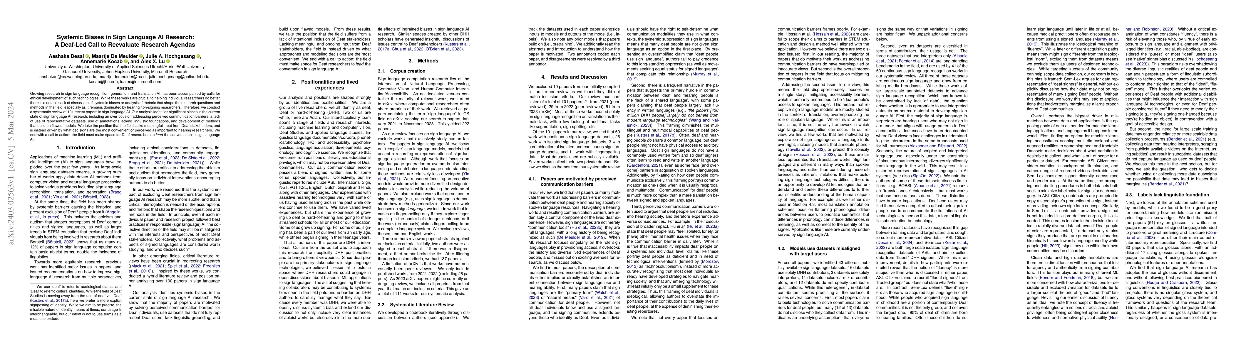 Thumbnail for Systemic Biases in Sign Language AI Research: A Deaf-Led Call to
  Reevaluate Research Agendas