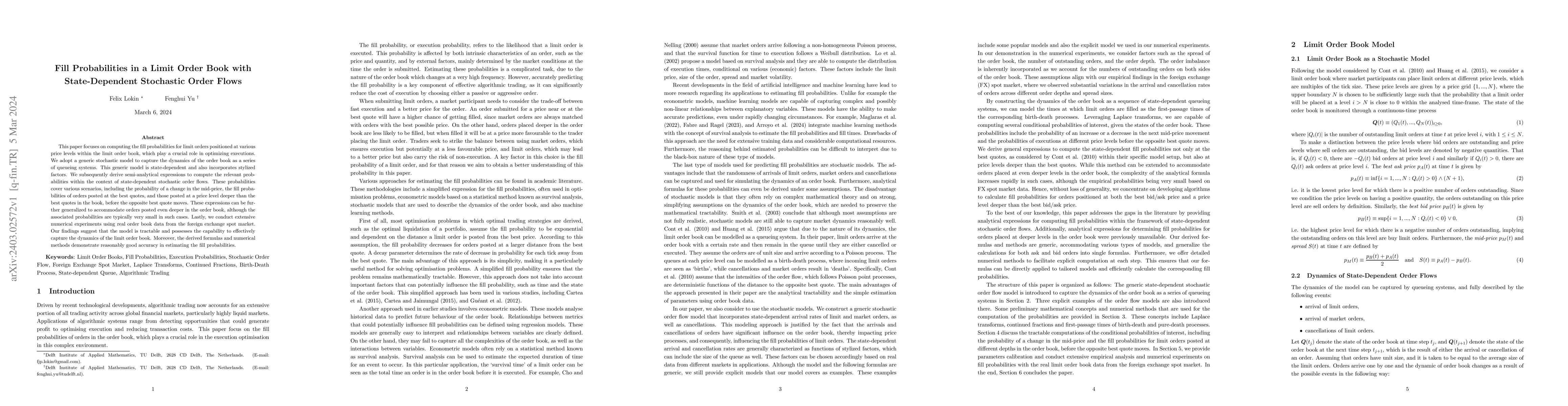 Thumbnail for Fill Probabilities in a Limit Order Book with State-Dependent Stochastic
  Order Flows