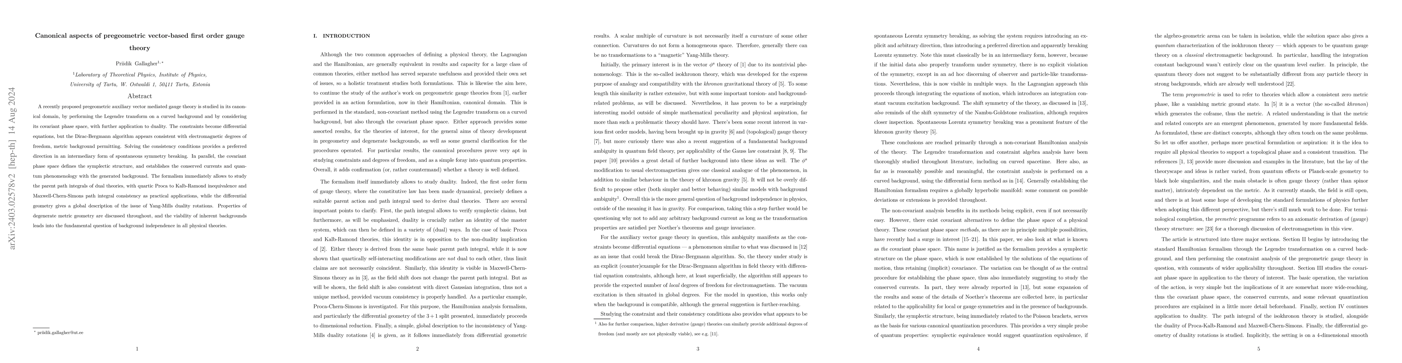 Thumbnail for Canonical aspects of pregeometric vector-based first order gauge theory