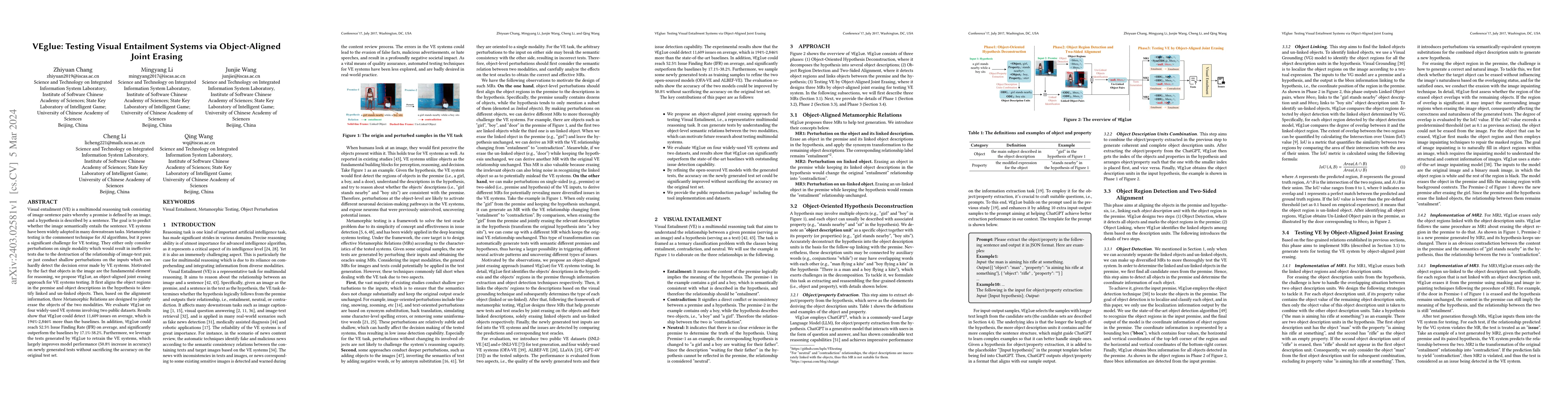 Thumbnail for VEglue: Testing Visual Entailment Systems via Object-Aligned Joint
  Erasing