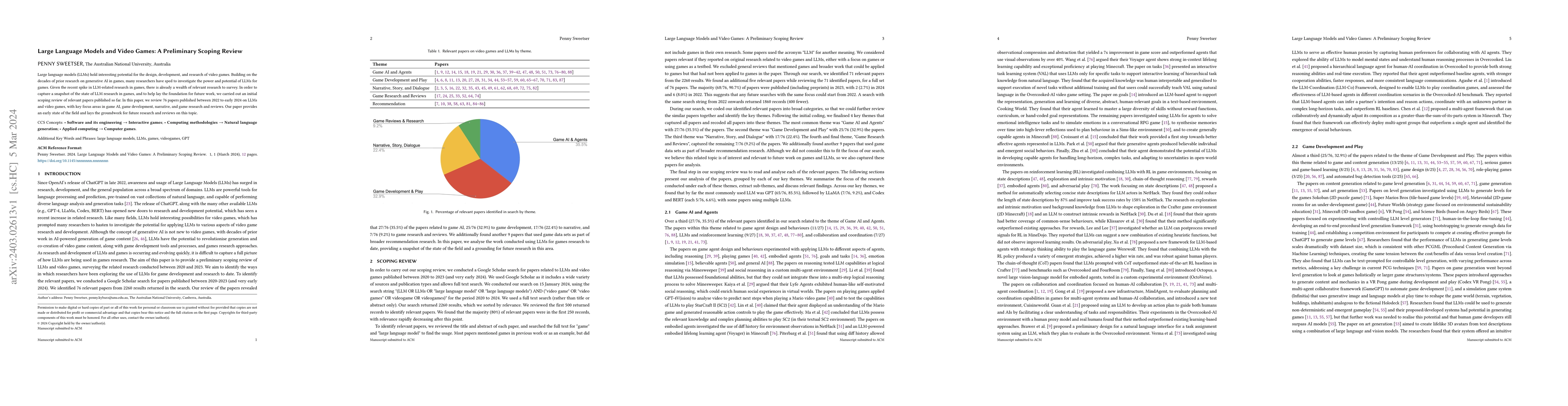 Thumbnail for Large Language Models and Video Games: A Preliminary Scoping Review