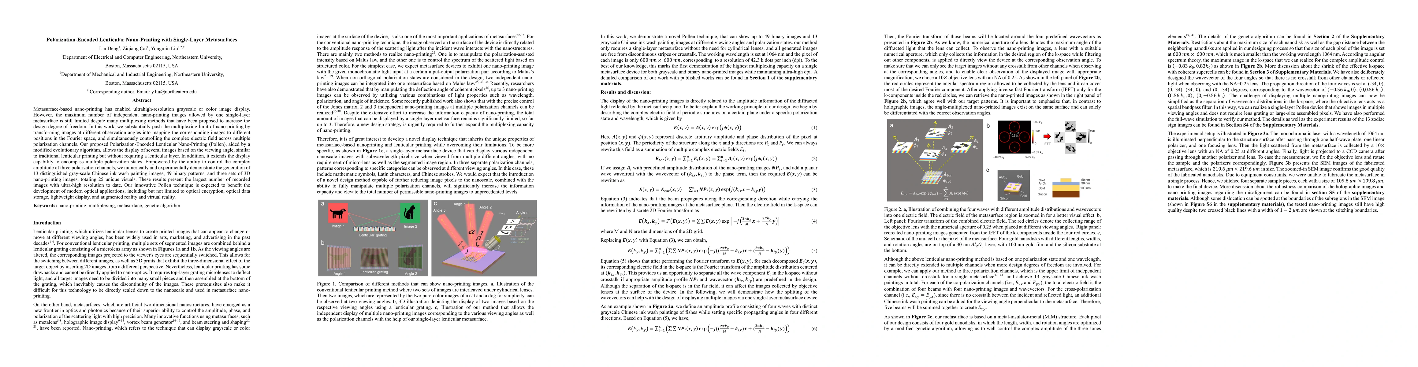 Thumbnail for Polarization-Encoded Lenticular Nano-Printing with Single-Layer
  Metasurfaces